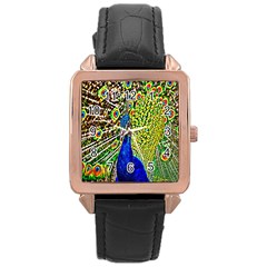 Graphic Painting Of A Peacock Rose Gold Leather Watch  by Simbadda