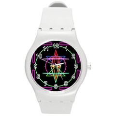 Drawing Of A Color Mandala On Black Round Plastic Sport Watch (m) by Simbadda