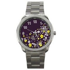 Vintage Retro Floral Flowers Wallpaper Pattern Background Sport Metal Watch by Simbadda