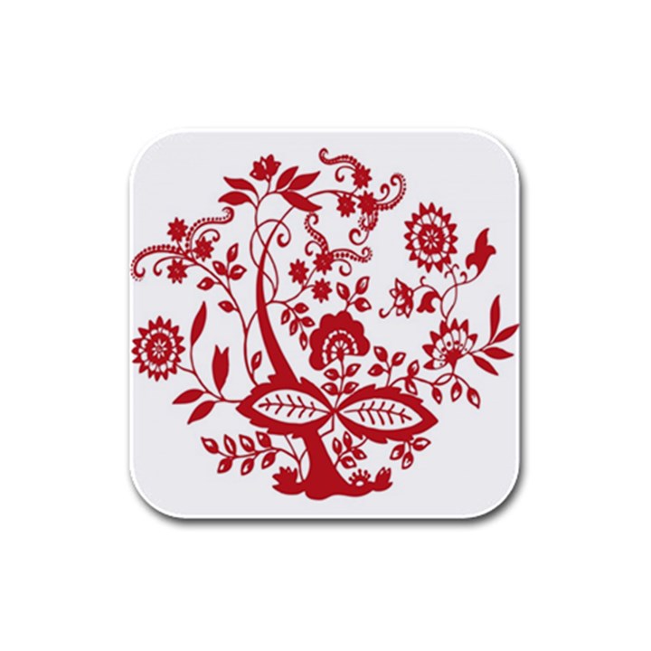 Red Vintage Floral Flowers Decorative Pattern Clipart Rubber Square Coaster (4 pack) 