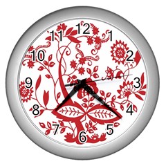 Red Vintage Floral Flowers Decorative Pattern Clipart Wall Clocks (silver)  by Simbadda