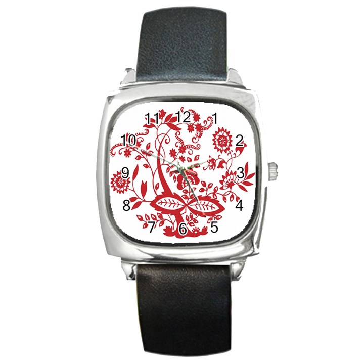 Red Vintage Floral Flowers Decorative Pattern Clipart Square Metal Watch