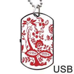 Red Vintage Floral Flowers Decorative Pattern Clipart Dog Tag Usb Flash (one Side) by Simbadda