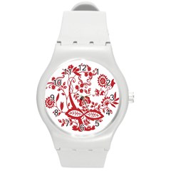 Red Vintage Floral Flowers Decorative Pattern Clipart Round Plastic Sport Watch (m) by Simbadda