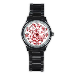 Red Vintage Floral Flowers Decorative Pattern Clipart Stainless Steel Round Watch by Simbadda