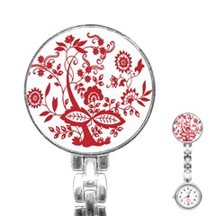 Red Vintage Floral Flowers Decorative Pattern Clipart Stainless Steel Nurses Watch by Simbadda