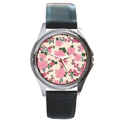 Vintage Floral Wallpaper Background In Shades Of Pink Round Metal Watch by Simbadda