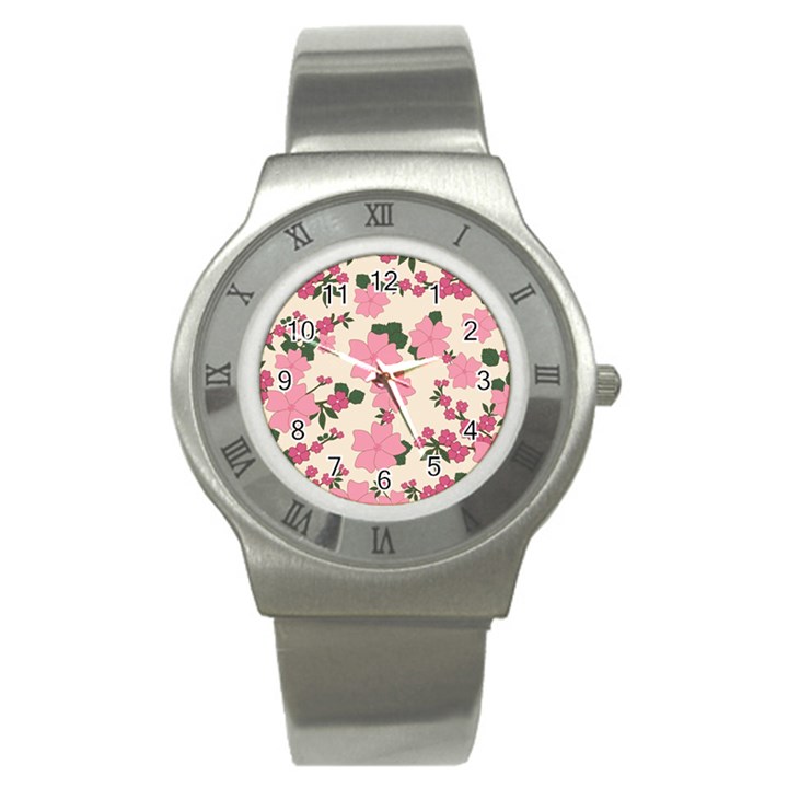 Vintage Floral Wallpaper Background In Shades Of Pink Stainless Steel Watch