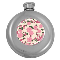 Vintage Floral Wallpaper Background In Shades Of Pink Round Hip Flask (5 Oz) by Simbadda