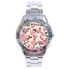 Vintage Floral Wallpaper Background In Shades Of Pink Stainless Steel Analogue Watch by Simbadda