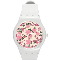 Vintage Floral Wallpaper Background In Shades Of Pink Round Plastic Sport Watch (m) by Simbadda