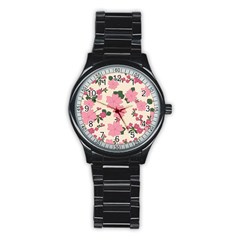 Vintage Floral Wallpaper Background In Shades Of Pink Stainless Steel Round Watch by Simbadda