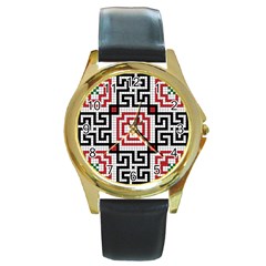 Vintage Style Seamless Black White And Red Tile Pattern Wallpaper Background Round Gold Metal Watch by Simbadda