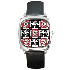 Vintage Style Seamless Black White And Red Tile Pattern Wallpaper Background Square Metal Watch by Simbadda