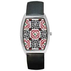 Vintage Style Seamless Black White And Red Tile Pattern Wallpaper Background Barrel Style Metal Watch by Simbadda