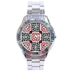 Vintage Style Seamless Black White And Red Tile Pattern Wallpaper Background Stainless Steel Analogue Watch Front