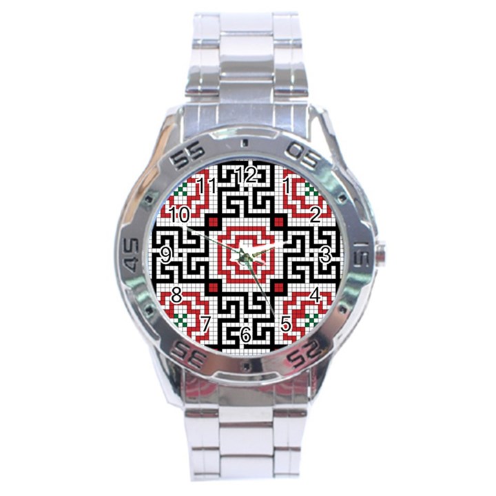 Vintage Style Seamless Black White And Red Tile Pattern Wallpaper Background Stainless Steel Analogue Watch