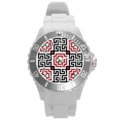 Vintage Style Seamless Black White And Red Tile Pattern Wallpaper Background Round Plastic Sport Watch (l) by Simbadda