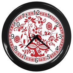 Red Vintage Floral Flowers Decorative Pattern Wall Clocks (black) by Simbadda