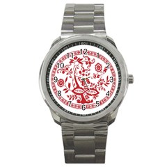 Red Vintage Floral Flowers Decorative Pattern Sport Metal Watch by Simbadda