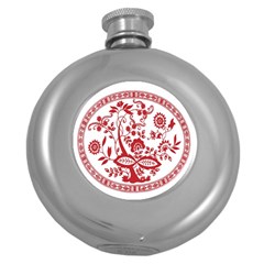 Red Vintage Floral Flowers Decorative Pattern Round Hip Flask (5 Oz) by Simbadda