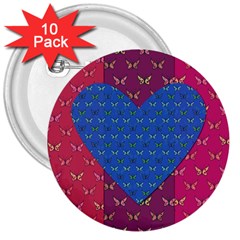 Butterfly Heart Pattern 3  Buttons (10 Pack)  by Simbadda