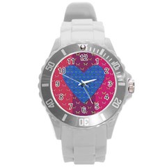 Butterfly Heart Pattern Round Plastic Sport Watch (l) by Simbadda