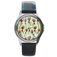 Vintage Style Seamless Floral Wallpaper Pattern Background Round Metal Watch by Simbadda