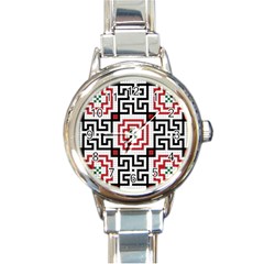 Vintage Style Seamless Black, White And Red Tile Pattern Wallpaper Background Round Italian Charm Watch by Simbadda