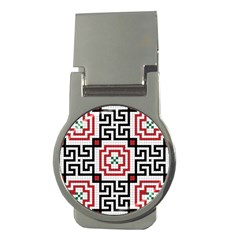 Vintage Style Seamless Black, White And Red Tile Pattern Wallpaper Background Money Clips (round)  by Simbadda