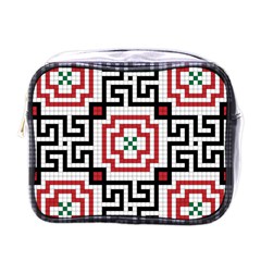 Vintage Style Seamless Black, White And Red Tile Pattern Wallpaper Background Mini Toiletries Bags by Simbadda