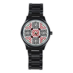 Vintage Style Seamless Black, White And Red Tile Pattern Wallpaper Background Stainless Steel Round Watch by Simbadda