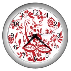 Red Vintage Floral Flowers Decorative Pattern Clipart Wall Clocks (silver)  by Simbadda