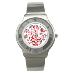 Red Vintage Floral Flowers Decorative Pattern Clipart Stainless Steel Watch by Simbadda