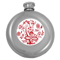 Red Vintage Floral Flowers Decorative Pattern Clipart Round Hip Flask (5 Oz) by Simbadda