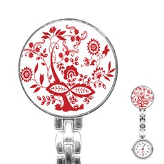 Red Vintage Floral Flowers Decorative Pattern Clipart Stainless Steel Nurses Watch by Simbadda