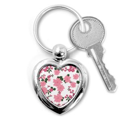 Vintage Floral Wallpaper Background In Shades Of Pink Key Chains (Heart) 