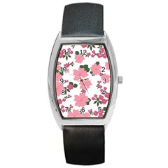 Vintage Floral Wallpaper Background In Shades Of Pink Barrel Style Metal Watch