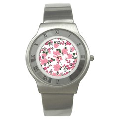 Vintage Floral Wallpaper Background In Shades Of Pink Stainless Steel Watch by Simbadda