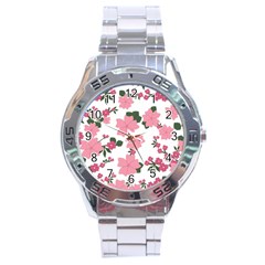 Vintage Floral Wallpaper Background In Shades Of Pink Stainless Steel Analogue Watch by Simbadda