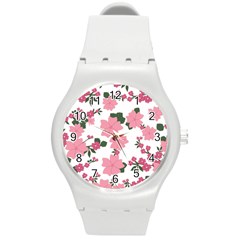 Vintage Floral Wallpaper Background In Shades Of Pink Round Plastic Sport Watch (M)