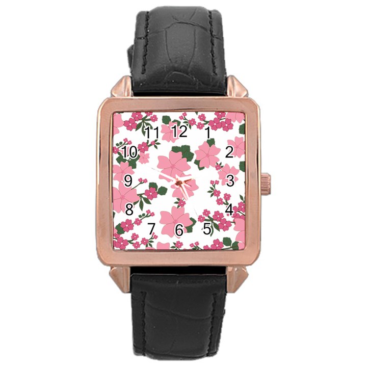 Vintage Floral Wallpaper Background In Shades Of Pink Rose Gold Leather Watch 