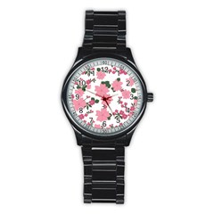 Vintage Floral Wallpaper Background In Shades Of Pink Stainless Steel Round Watch by Simbadda