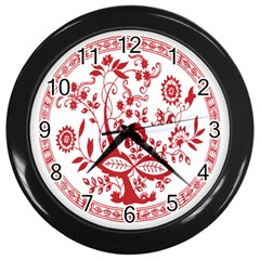 Red Vintage Floral Flowers Decorative Pattern Wall Clocks (black) by Simbadda