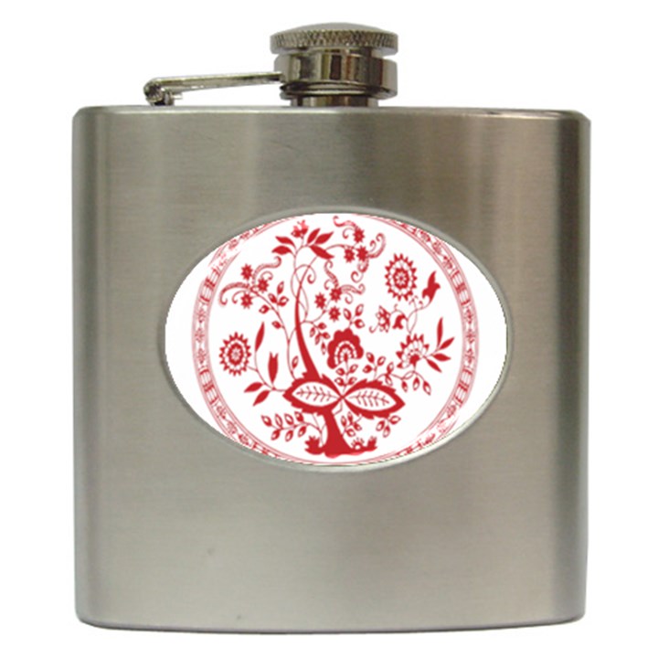 Red Vintage Floral Flowers Decorative Pattern Hip Flask (6 oz)