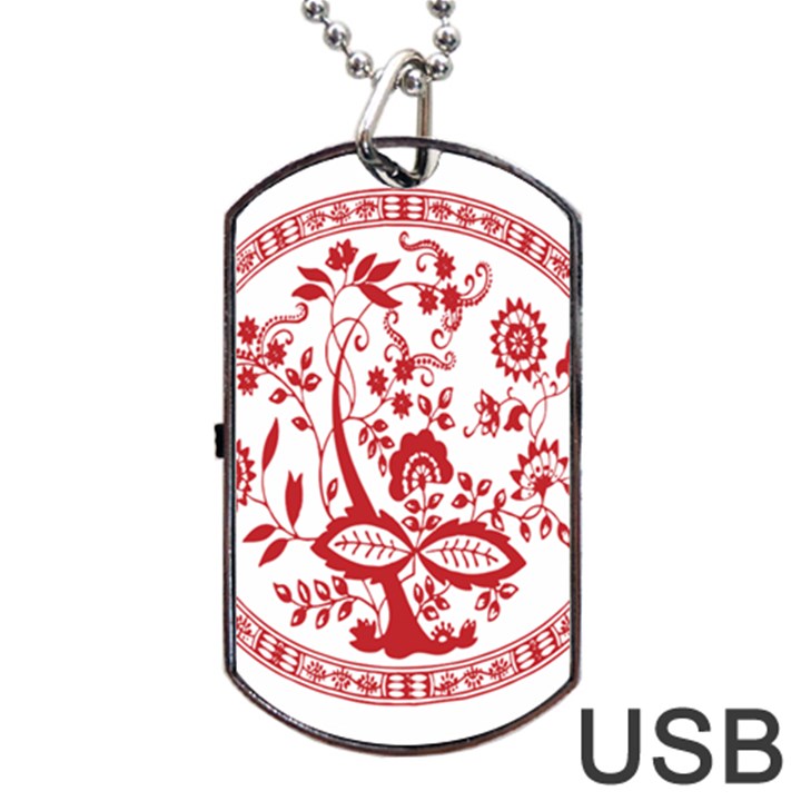 Red Vintage Floral Flowers Decorative Pattern Dog Tag USB Flash (Two Sides)