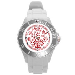 Red Vintage Floral Flowers Decorative Pattern Round Plastic Sport Watch (l) by Simbadda