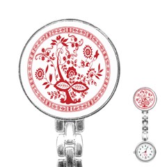 Red Vintage Floral Flowers Decorative Pattern Stainless Steel Nurses Watch by Simbadda