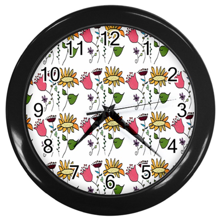 Handmade Pattern With Crazy Flowers Wall Clocks (Black)