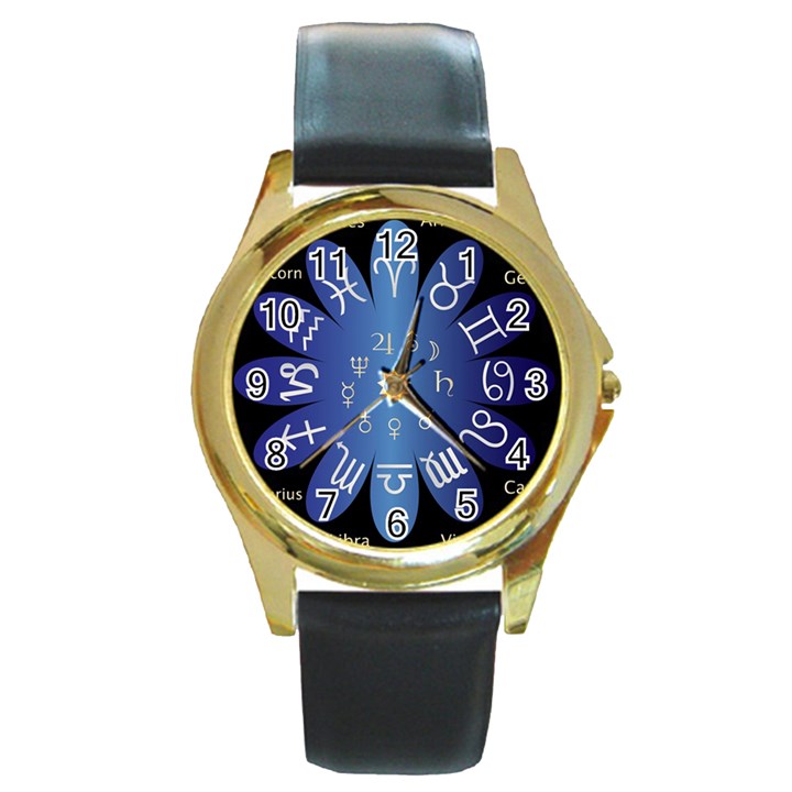 Astrology Birth Signs Chart Round Gold Metal Watch